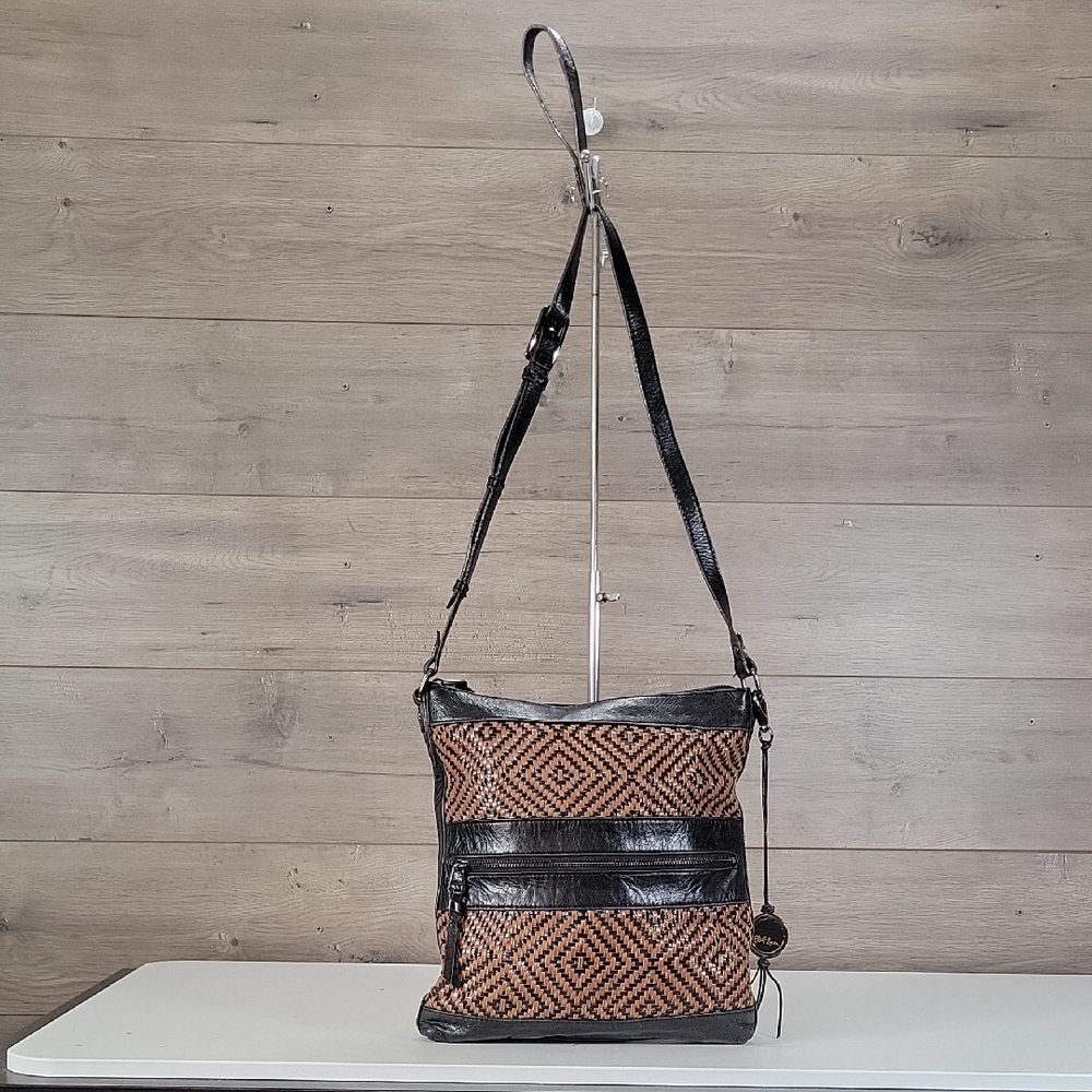 Elliott Lucca Woven Leather Crossbody Bag in Brown and Black